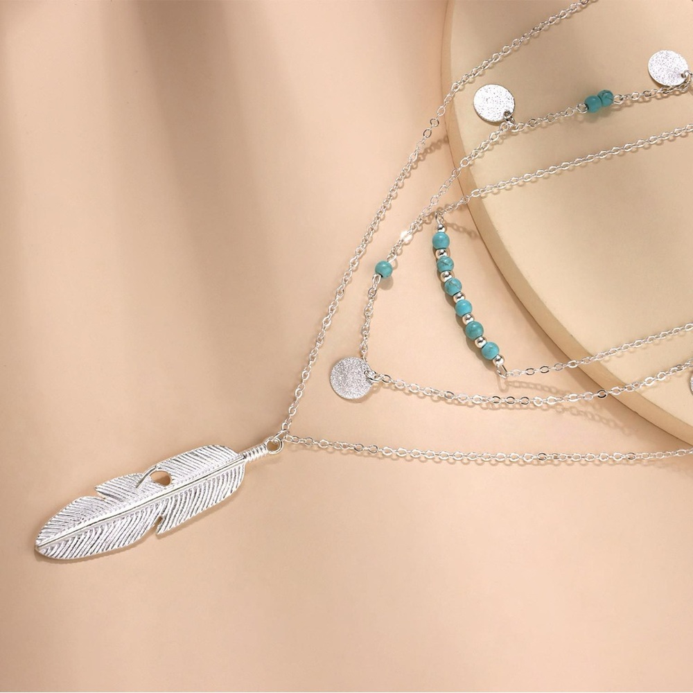 Multi-layer Silver and Turquoise Feather Necklace